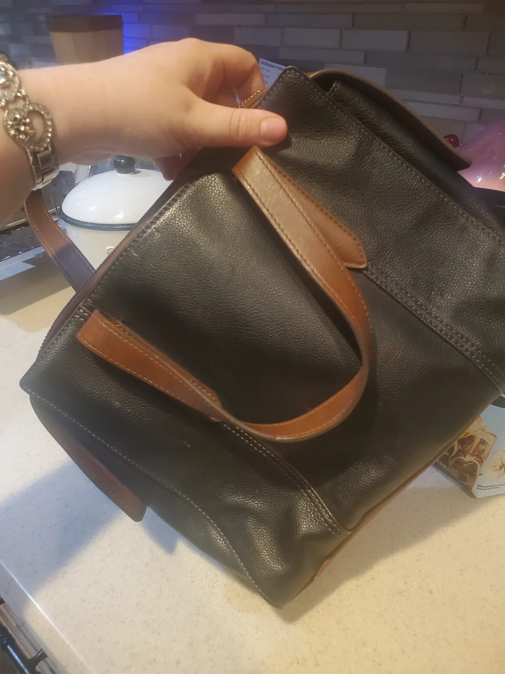 Fossil Black Leather Satchel with Brown Leather Handles